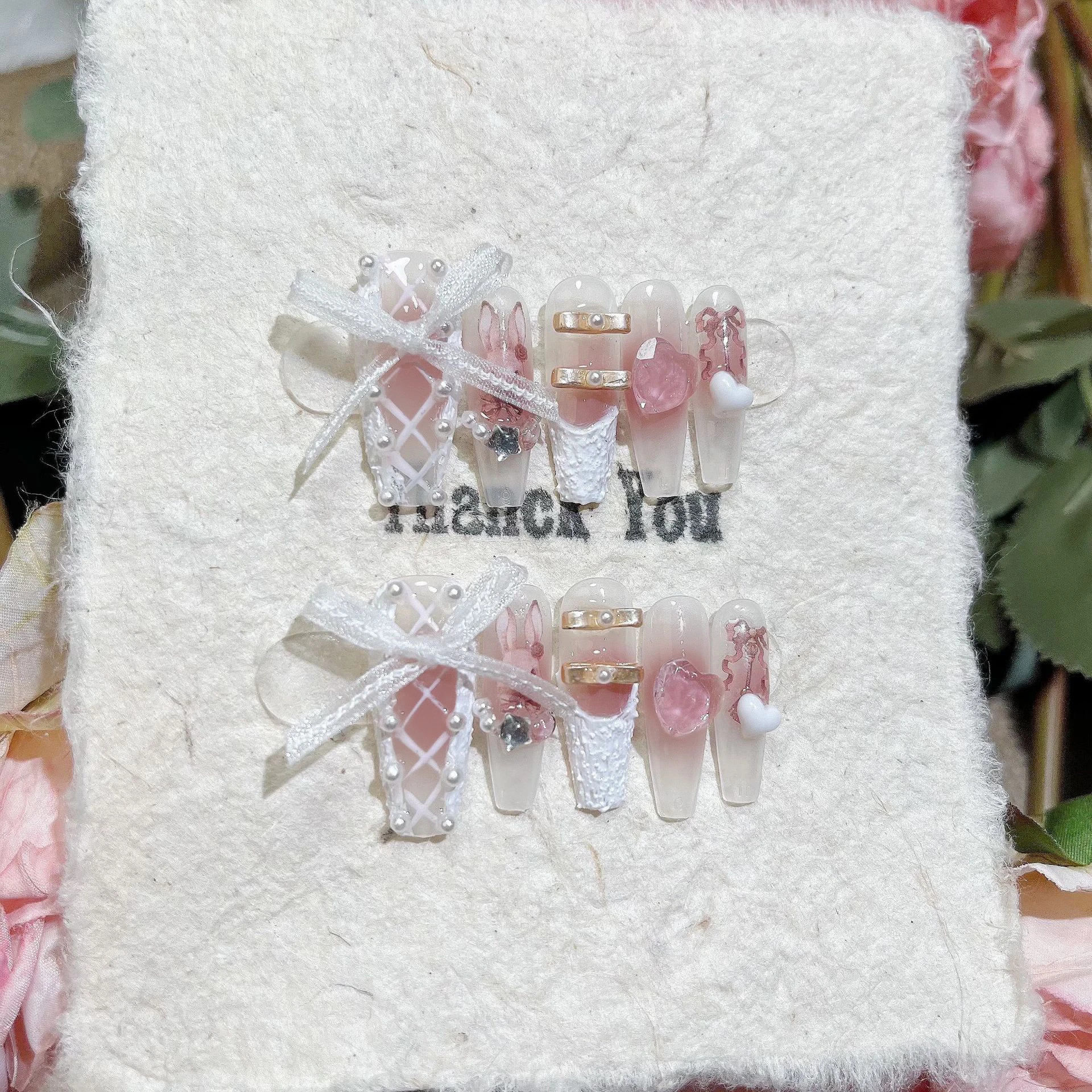 10pcs White Edge French Press on Nails Wearable Pink Med-length Ballet False Nail Cute Pearl Bow Design Full Cover Nail Tips Art