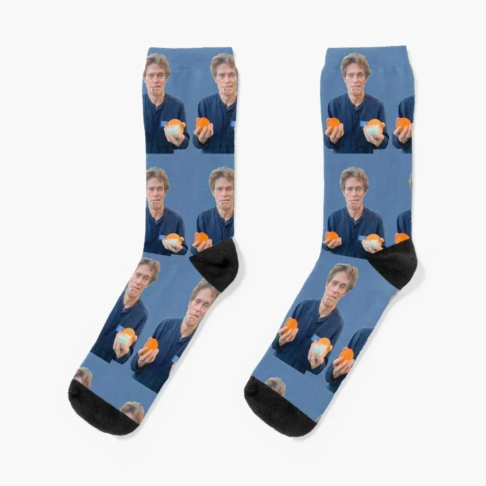 

willem dafoe holding 2 moldy oranges Socks bright garter Men's happy Christmas Man Socks Women's