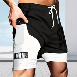 Running Shorts Summer Men's Printed Casual Fitness Shorts Drawstring Fitness 2-in-1 Sports Jogging Quick Dry Double Men's Shorts