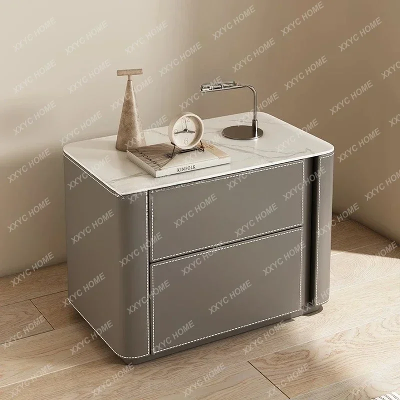 A Saddle leather veneer bright wear-resistant rock slab light luxury bedside table premium storage box