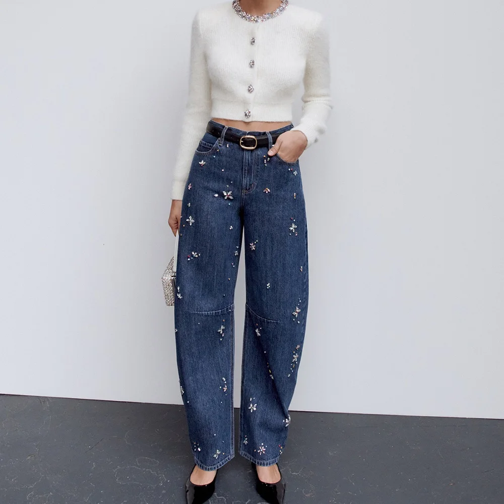 

2025 Women's Cotton Jeans with Rhinestones, Loose Fit, High-Rise, Women's Scimitar Pants, y2k New, High-Quality Pants bra