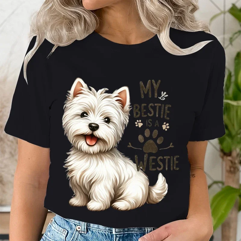 My Bestie Is A Westie Cute Dog Breeds Quotes T-shirt Women Funny Dog Paw Prints Tee Cartoon Animal Lover Gift Funny Tshirt Women