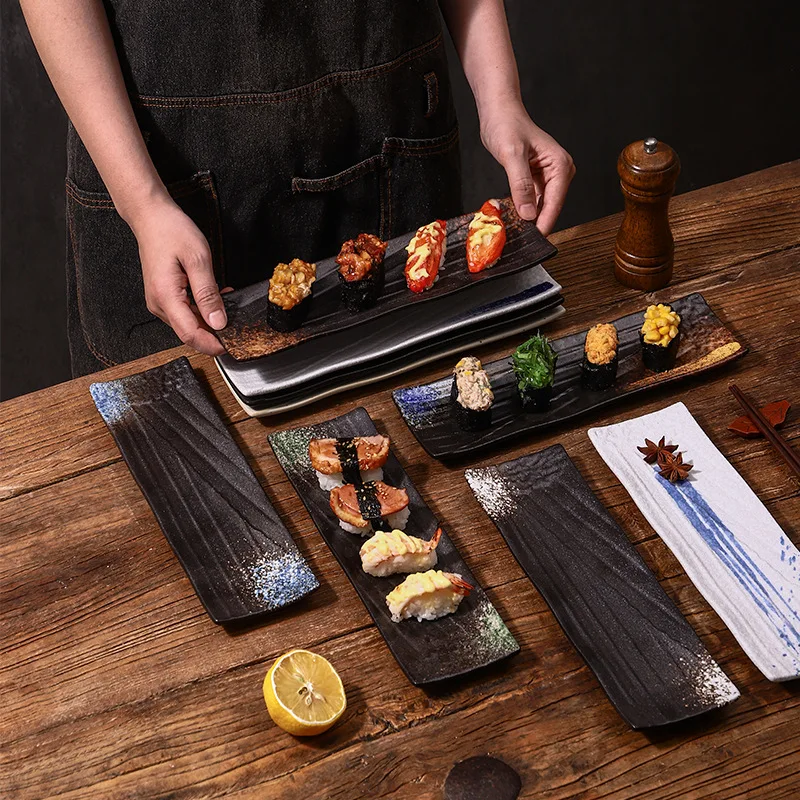 Japanese sushi plate long  commercial ceramic tableware creative stone saury plate barbecue sashim iong square