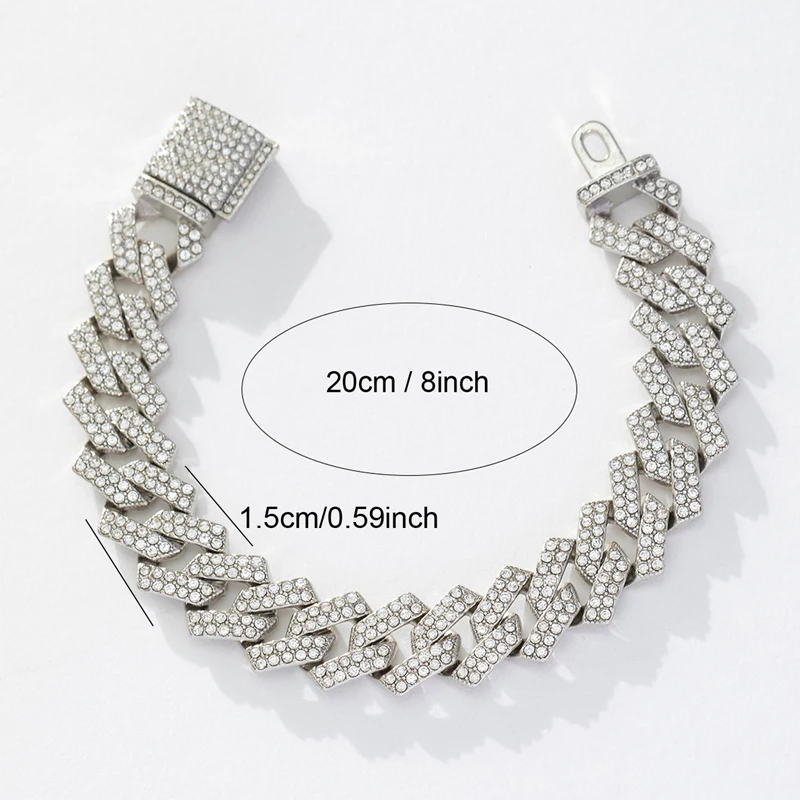 Hip Hop 15MM Rhinestone Prong Iced Out Cuban Link Chain Bracelet Men Women Silver Gold Color Rhombus Cuban Bracelets Jewelry