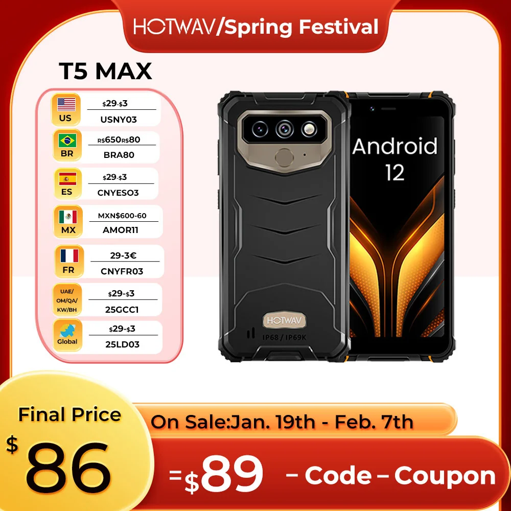 HOTWAV T5 Max Rugged Smartphone Android 13 OS MTK6761 6.0 Inch Screen Phone 4GB 64GB 6050mAh Massive Battery NFC Cell Phone