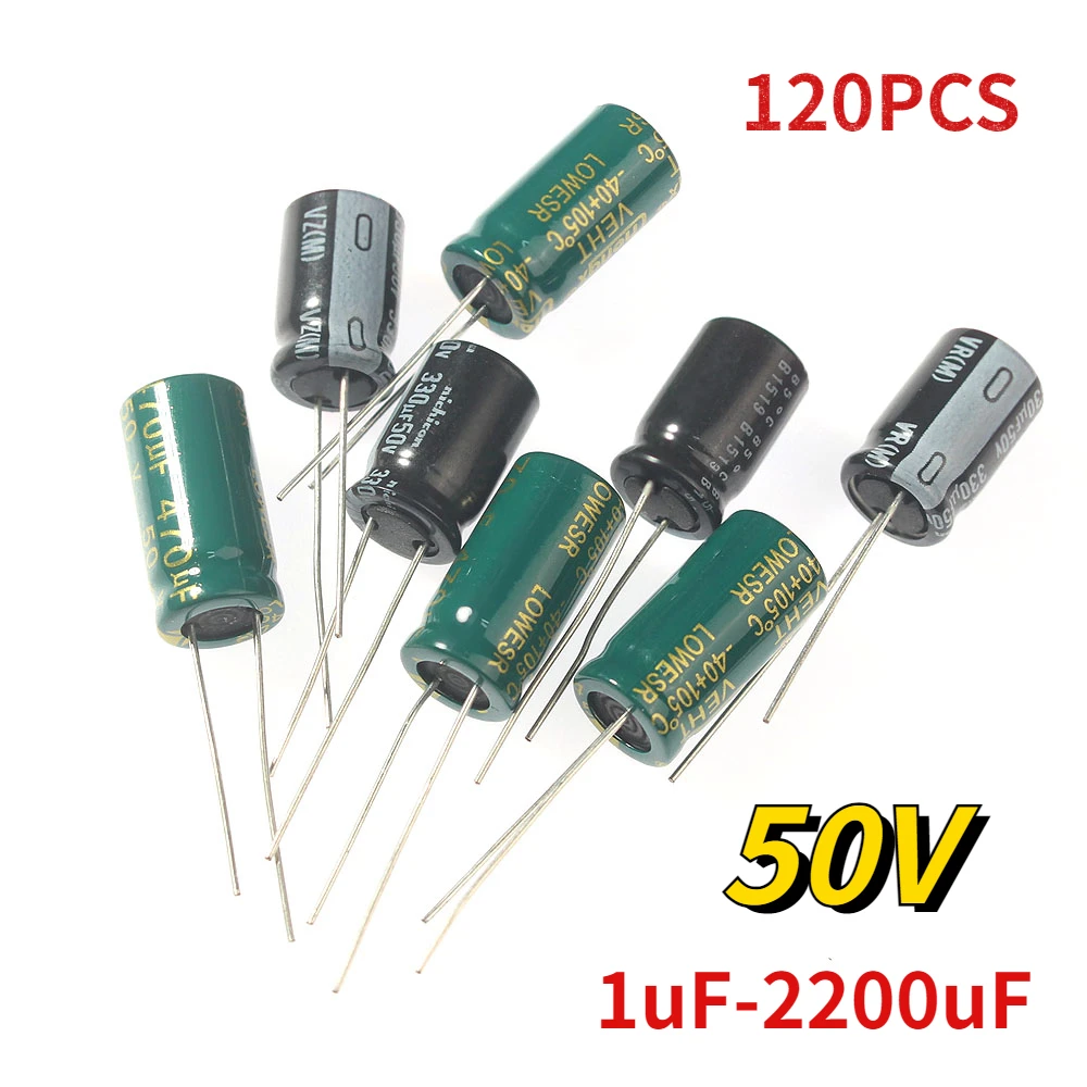 

120pcs 50V Electrolytic Capacitor Kit 15 Values 1uF-2200uF Capacitors Assortment Set 1UF 2.2UF 3.3UF 4.7UF 6.8UF 10UF 22UF