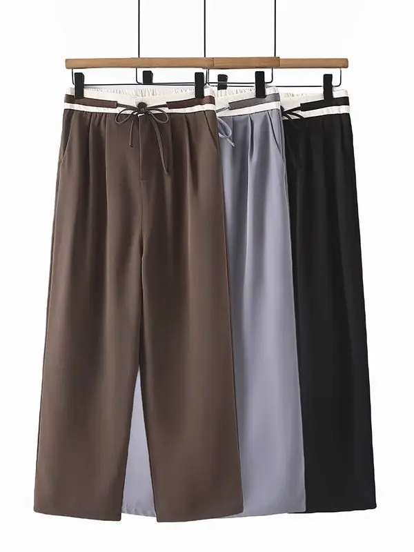 

Plus Size plus Size Women's Drawstring Thin Loose High Waist Drapey Wide Leg Pants Single Button Spring Summer Fashion plus S...