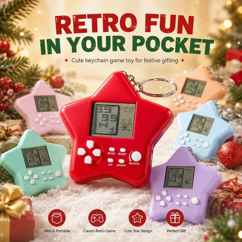 Star‑shaped Mini Retro Game Console Keychain Portable Pocket Electronic Game Toy Bag Pendant Party Gift