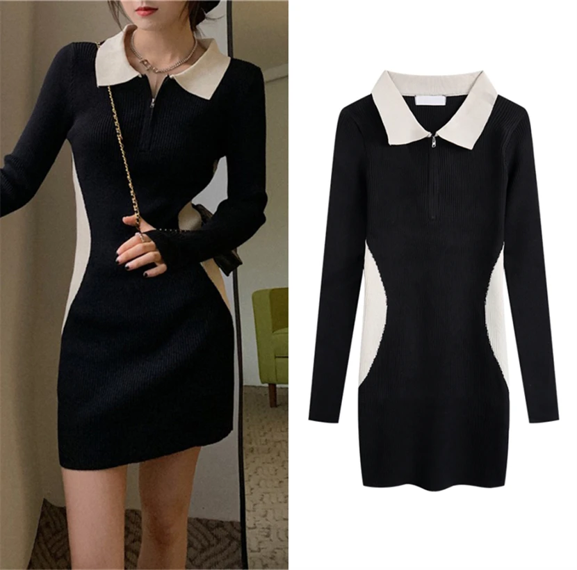 달콤하고 매콤한 여성 니트 드레스 하이웨이스트 롱 슬리브 이너웨어 플러스 사이즈 레트로 스타일 봄 가을 신상품...