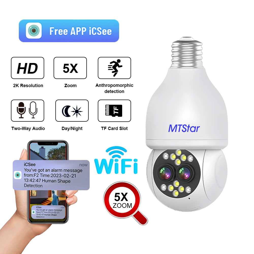 

MTStar Ipc360 3MP HD Dual Lens Wireless Security Camera 5X PTZ Zoom 360° Panoramic Wireless WiFi Lamp Light Bulb Camera