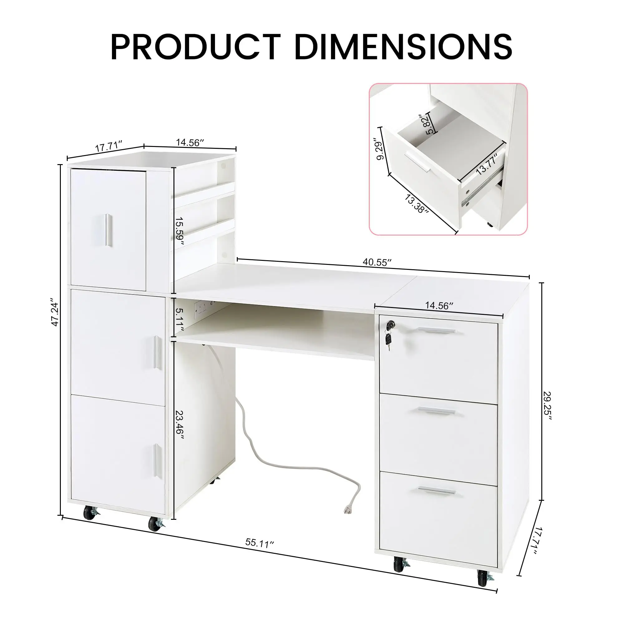 Manicure Table Nail Desk for Nail tech, 56 Inch Beauty Nail Table w/3 Cabinet+3 Drawers+3 Layers Open Cabinet+1 Open