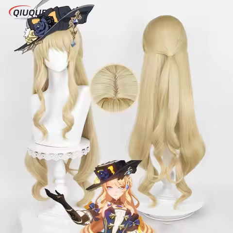 Game Impact Fontaine Navia Cosplay Wig Linen Gold 95cm Long Curly Heat Resistant Synthetic Hair Anime Wigs + Wig Cap