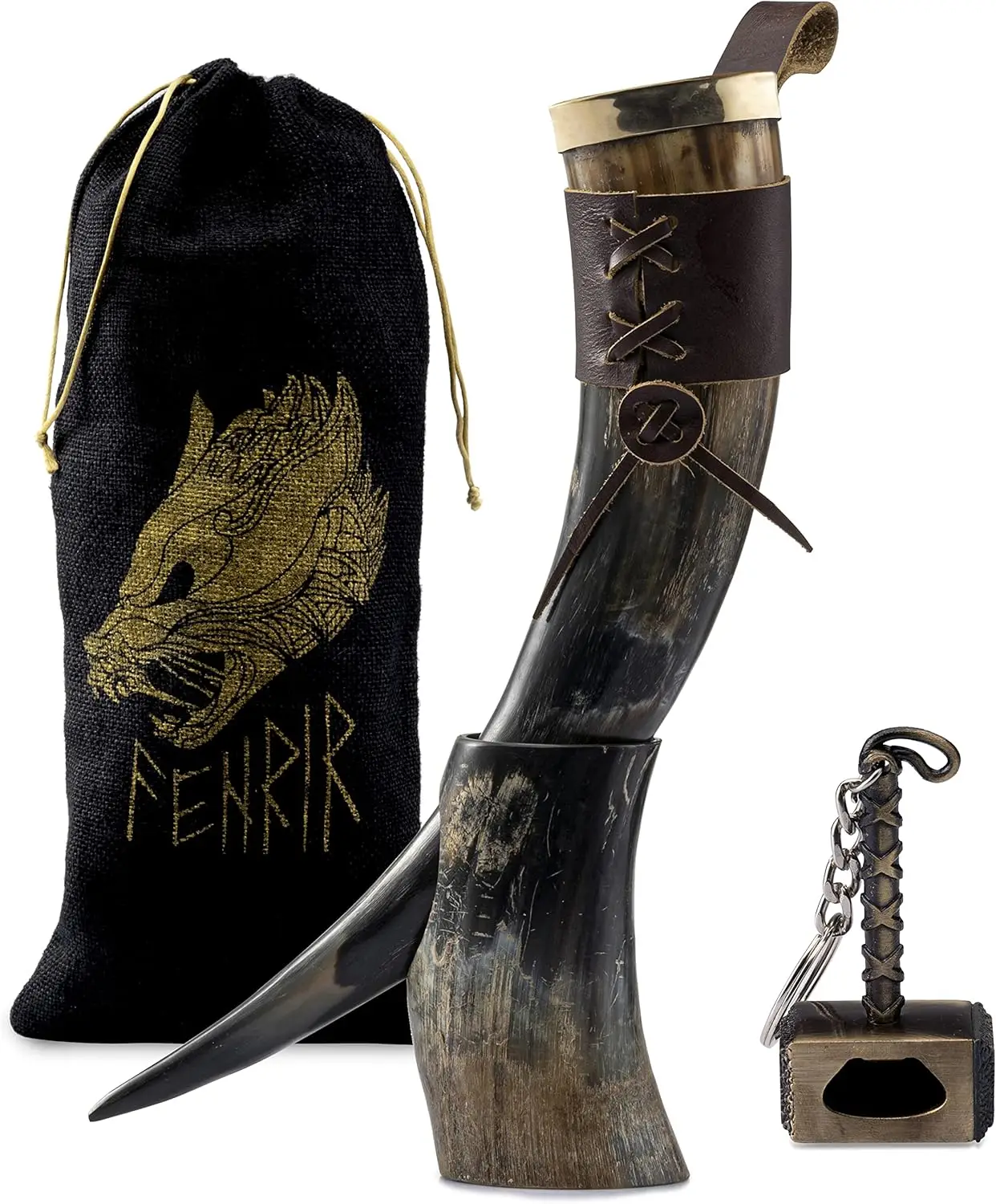 

Набор для питья из рога викингов с подставкой, кружка из натурального бычьего рога 16 унций, открывалка для бутылок Тора и кожаный чехол для подарков-пивных сувениров