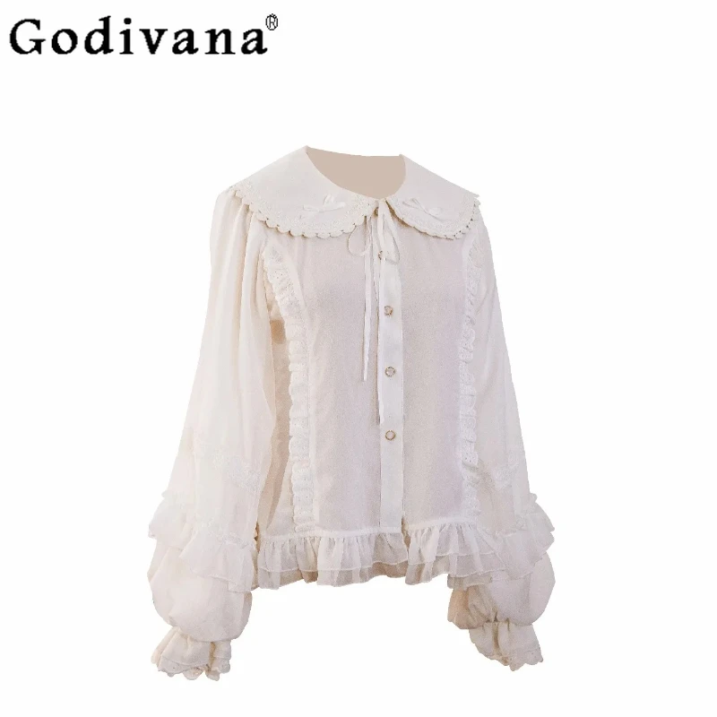 

Spring Autumn Loose Lace Lantern Long Sleeve Lolita White Bottoming Shirt Girl Ruffles Peter Pan Collar Age Reducing Blouse Top