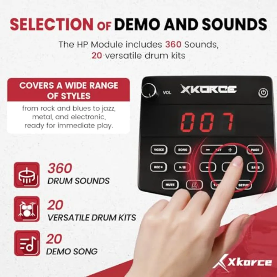 Electronic drum set for beginner practice, mesh pads and kick drum, black, ultra-quiet with 360 sounds and dual Bluetooth