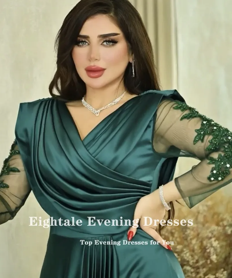 Eightale Arabic Evening Dress V-Neck Appliques Beaded Long Sleeves Dark Green Formal Customized Prom Party Gowns robe de soirée