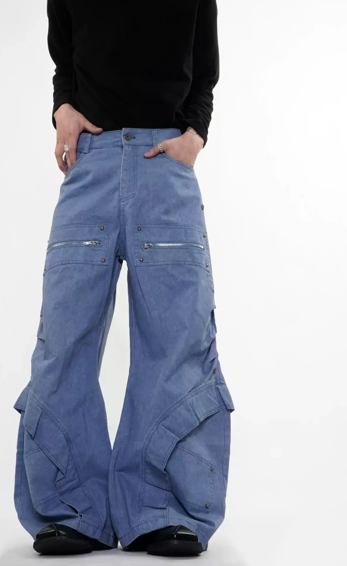 

American Style High Street Cargo Pants Knife Jeans Unisex Washing Distressed Casual Loose Straight Wide Leg Trousers