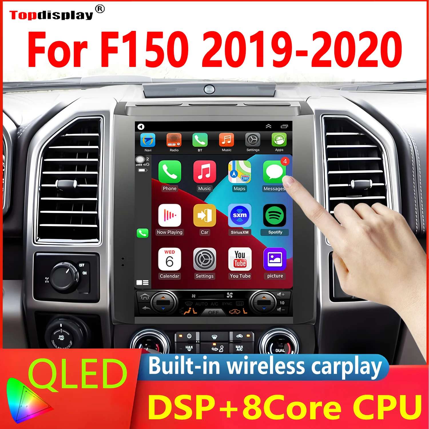 

Верхний дисплей 12,1 дюйма QLED, обновление автомобильного радио для Ford F150 2019 2020, сенсорный экран, Android Carplay, OEM-камера, управление рулевым колесом