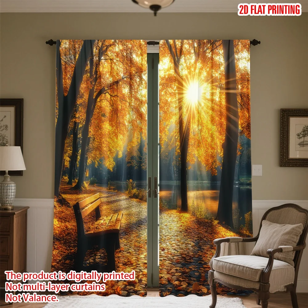 

2D flat printing 2pcs Scene Curtains Autumn Sunlit Path Digital Printed Polyester Drapes Family Party Decoration Perfect for