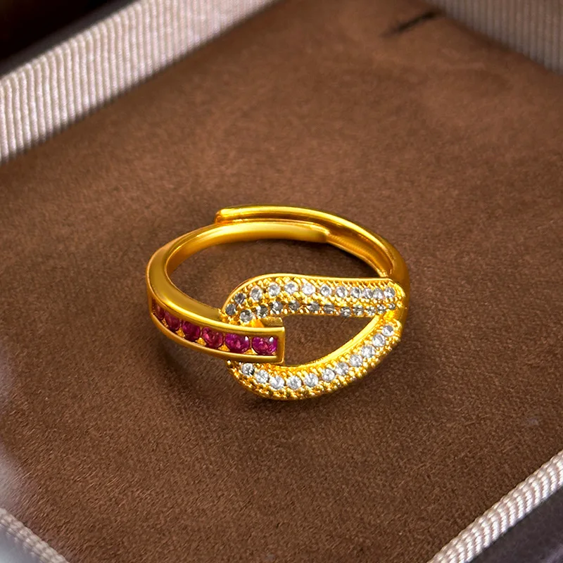 Light luxury sand gold red treasure hoof ring diamond-set index finger ring small design hoof buckle ring 9999 gold
