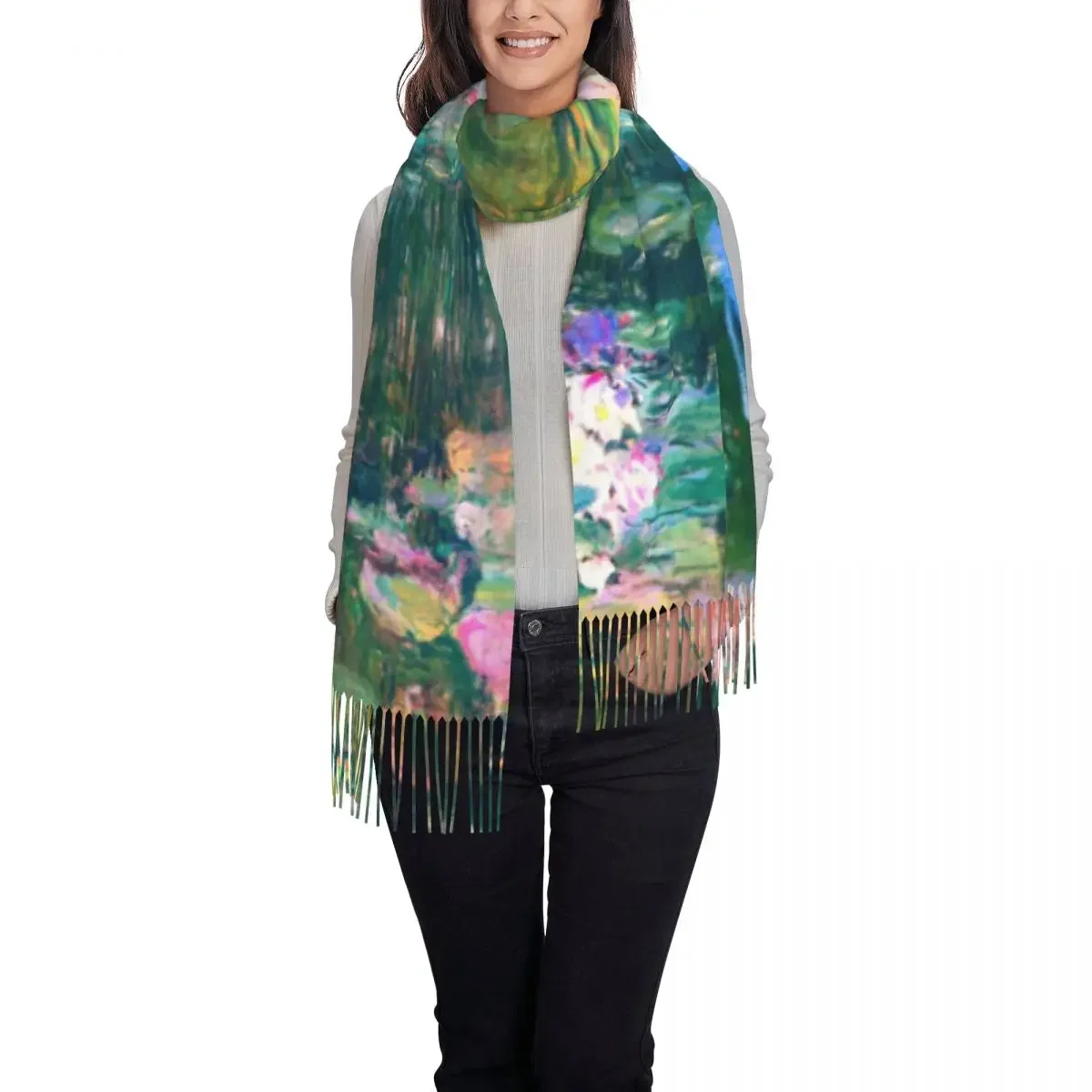 Men Women Scarf Keep Warm Oil Painting Scarves Wraps with Tassel Water Lilies  Flowers Shawls and Wrap Winter Bufanda Mujer