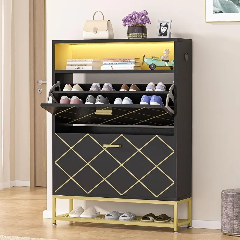 Shoe Cabinet Colorful Led Light 24 Pairs Shoe Rack Organizer with 2 Flip Drawers and Open Shelves Shoe Storage Cabinet