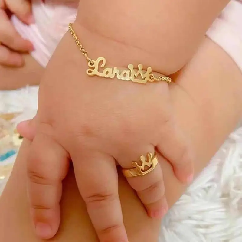 Customized Baby's Name Bracelets For Newborn Girls Boy Stainless Steel Crowned Bracelets And Rings Set Children Jewelry