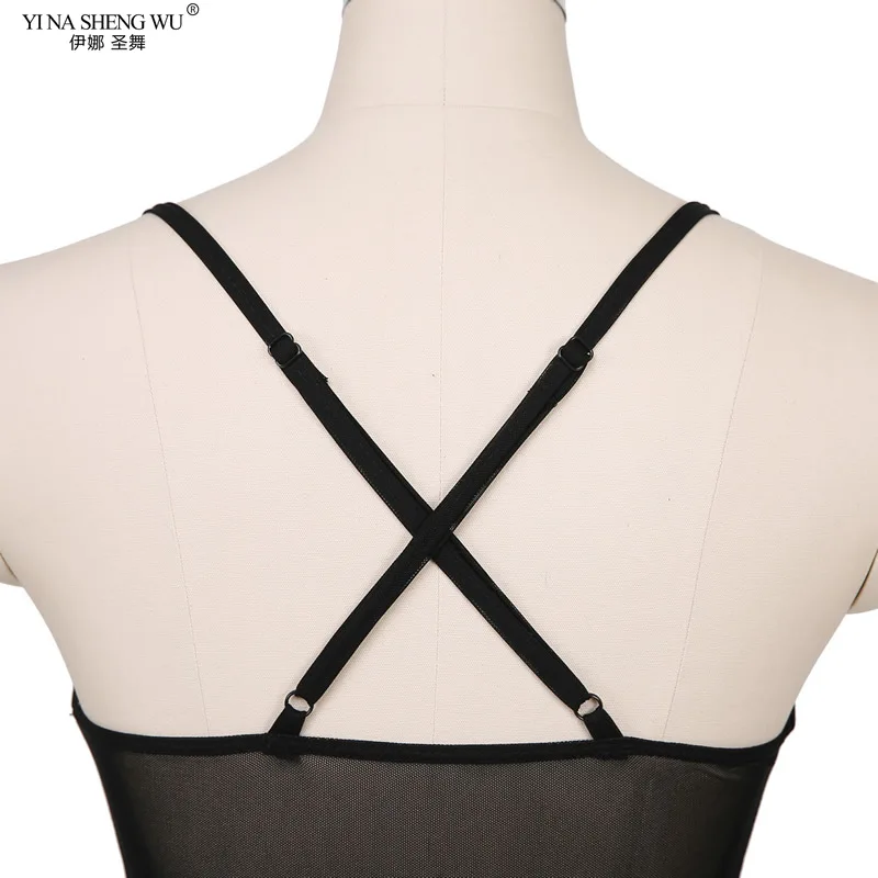 Body transparente de malla para danza del vientre para mujer, Tanga de corte alto, leotardo sin mangas, ropa de entrenamiento, eslinga conectada desnuda