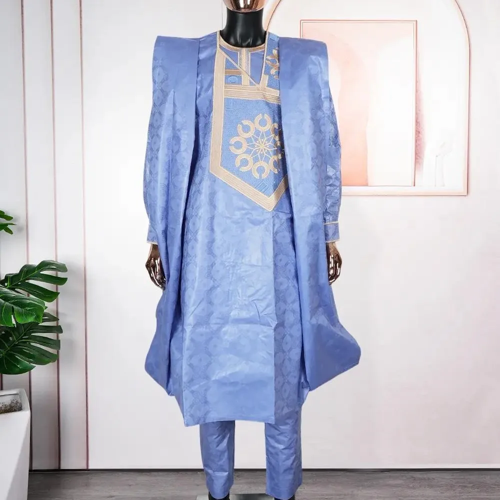 African For Men Women Agbada Couple Traditional Muslim Ramadan Embroidery Wedding Party Thobe Bazin Riche Outfits Blue Robe Suit