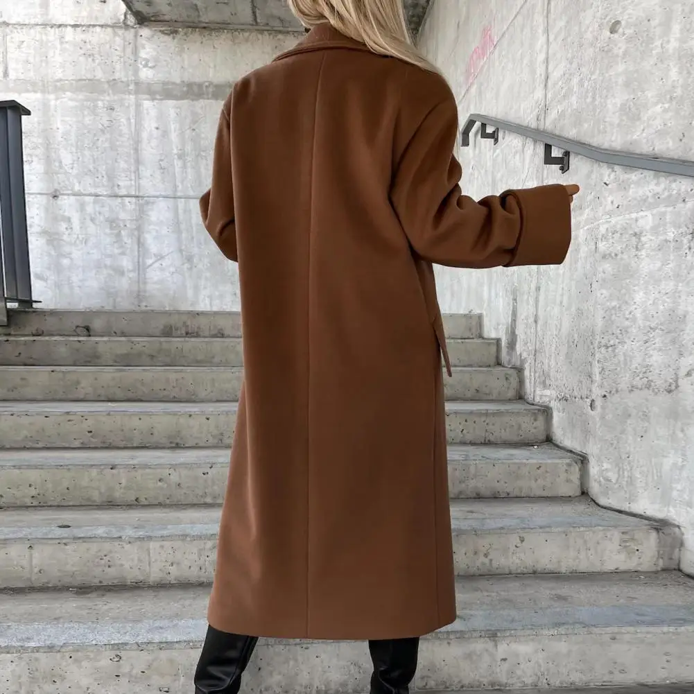 Loose Coat Thick Windproof Mid Length Lapel Overcoat for Women Solid Color Double-breasted Straight for Fall/winter for Women