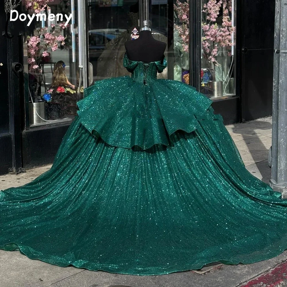 Doymeny Sequined Off Shoulder Ball Gown Quinceanera Dresses Ruffled Tiered Sweep Train Sleeveless Sweet 16 Vestidos De 15 Años