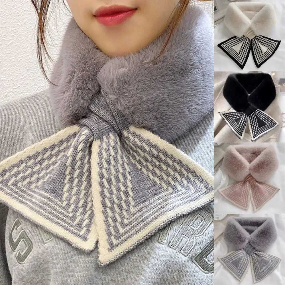 Cute Solid Color Cross Scarf Faux Rabbit Fur Plush Thicken Neckerchief Wrap Neck Scarf Women