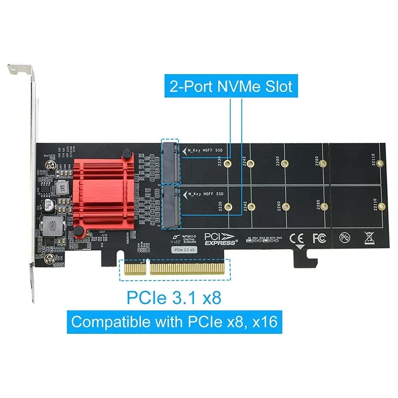 TXB122 Dual Nvme Pcie Adapter,m.2 Nvme Ssd To Pci-e 3.1 X8/x16 Card Support M.2 ( Key) Nvme Ssd 22110/2280/2260/2242