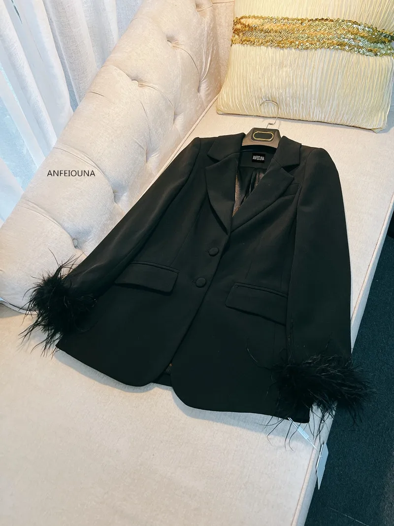 ANFEIOUNA Women Black Blazer 2024 Winter New French Design Ostrich Feathers Outerwear Loose Coat Long Sleeve Single Breasted Top