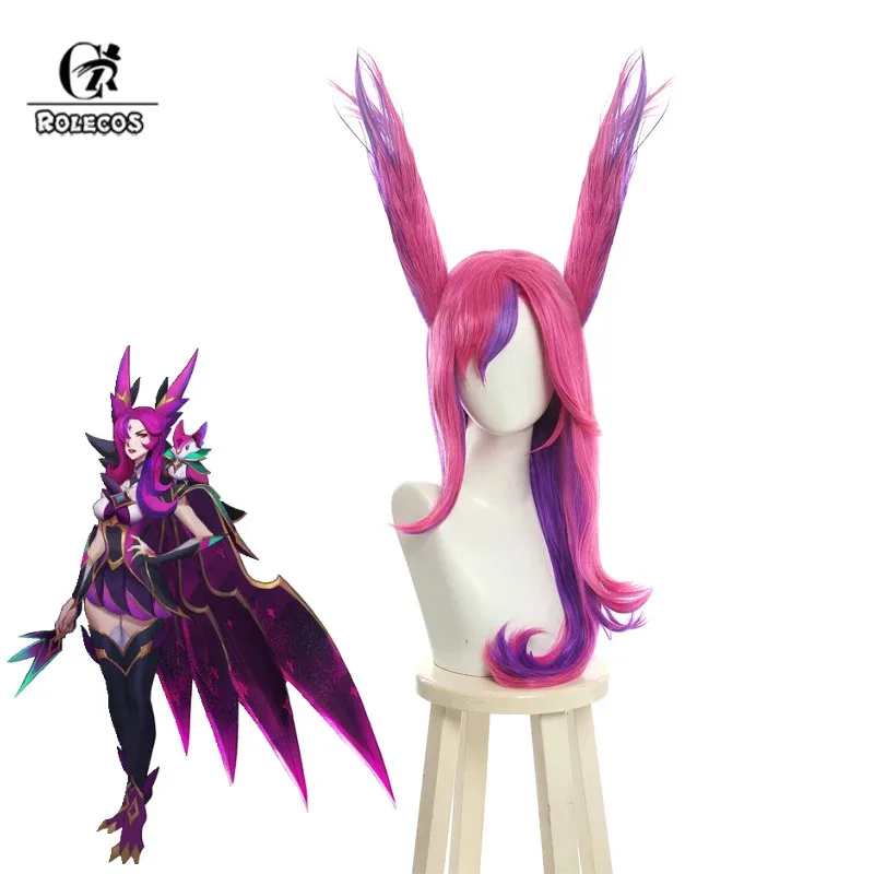 

ROLECOS LOL Star Guardian Xayah Косплей Парик Повстанные парики 65 см Длинный розовый фиолетовый парик с ушками Термостойкие синтетические волосы
