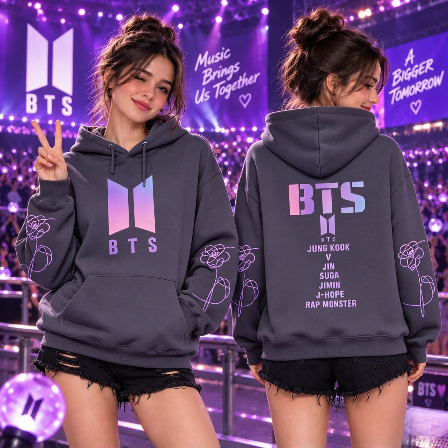 BTS Doppelseitiger Hoodie für Herren und Damen mit Farbverlauf-Logo, Mitgliedernamen und Blumenmuster am Ärmel, Kpop-Fans Freizeit-Pullover-Sweatshirt – Detail 5