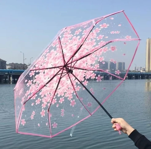 1개 휴대용 귀여운 꽃무늬 가정용 우비 벚꽃 투명 우산 바람과 비 방지 3단 PVC 우산