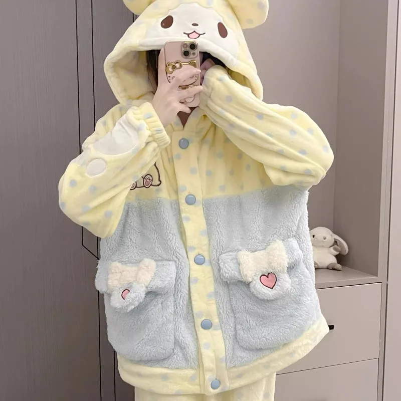 Kawaii Sanrio Marumofubiyori Hooded Flannel Pajamas Cute Girl Soft Winter Thickened Warmth Home Clothes Sleepwear 2pcs Set