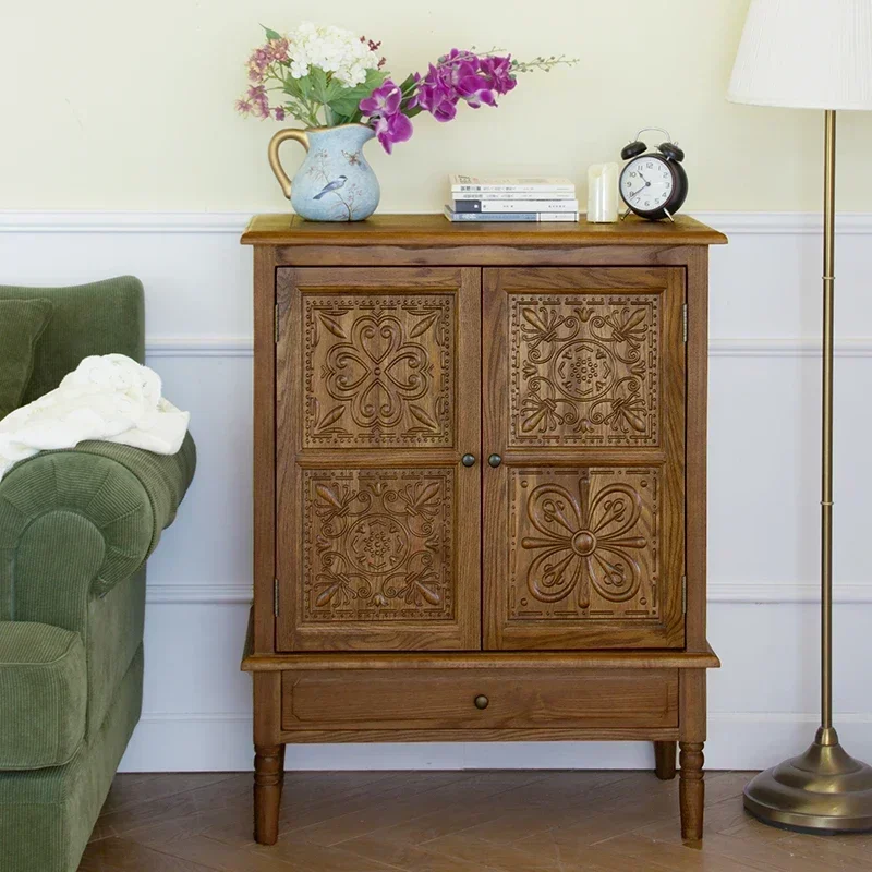 

American style rural solid wood box, vintage pastoral style carved storage cabinet, oak restaurant side cabinet with drawers