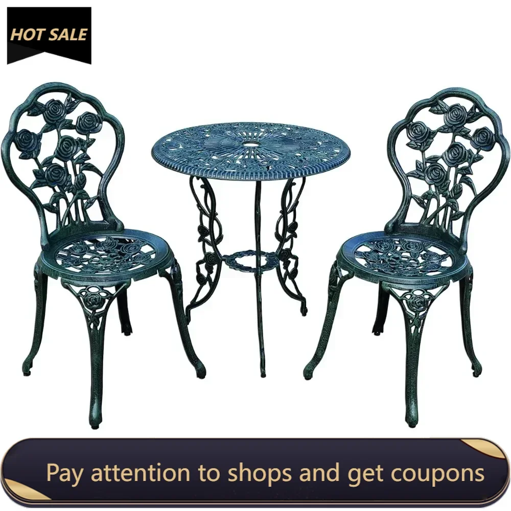 

Cast Aluminum Conversation Set Metal Antique Green 3 Piece Patio Rose Bistro Set