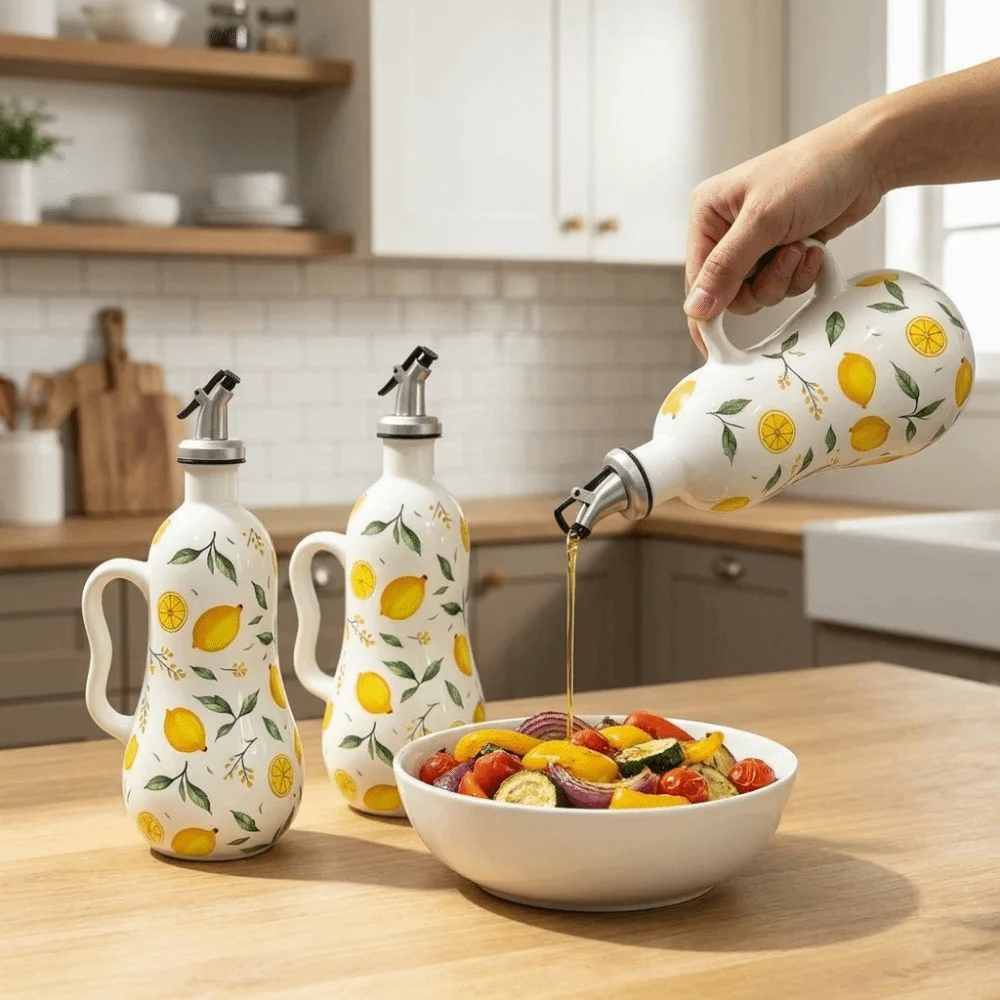 Ceramic Lemon Pattern Oil Bottle Leak-proof No Drip Olive Oil Dispenser Underglaze Embossed with Handle Vinegar Can Restaurant