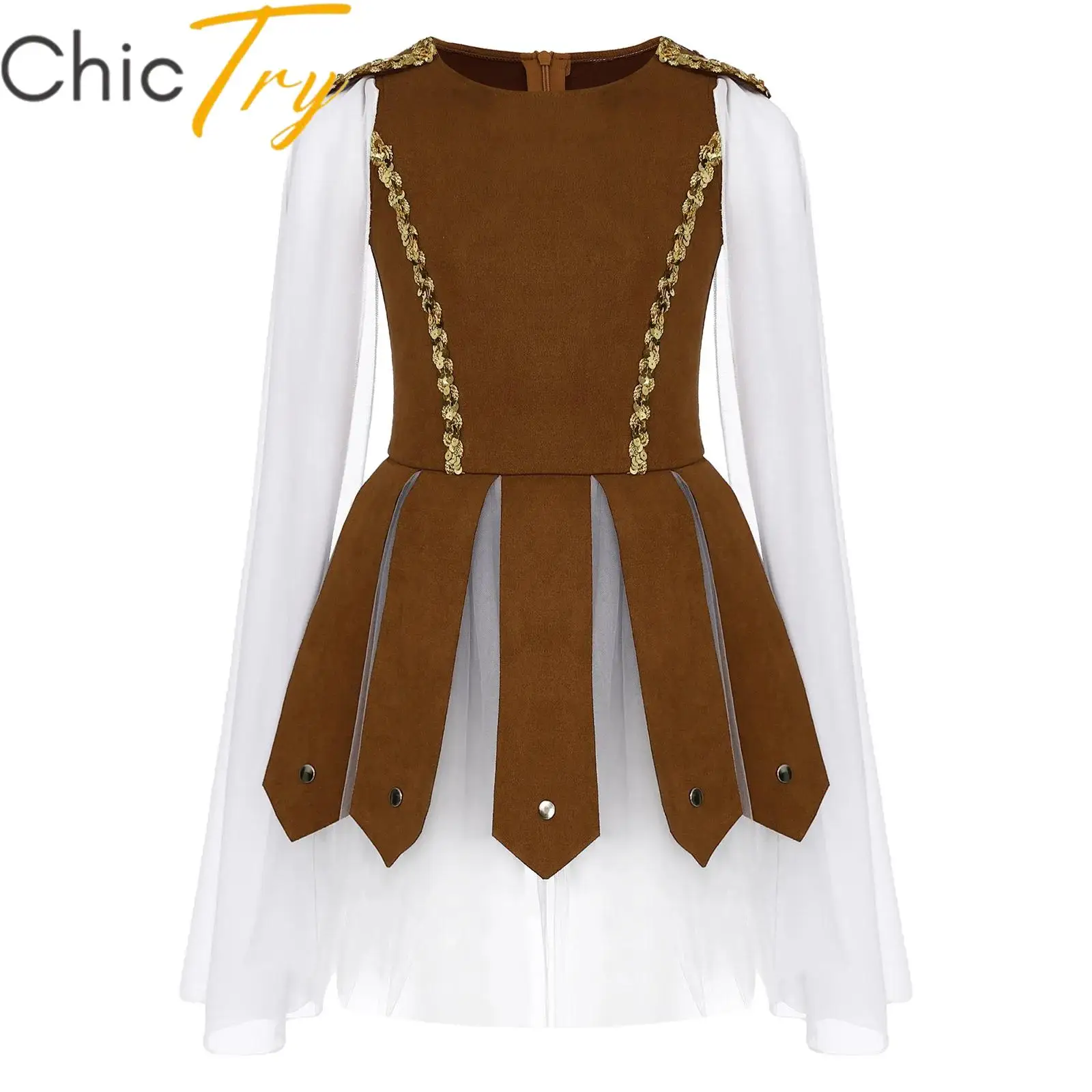 

Kids Girls Roman Soldier Gladiator Costume Halloween Cosplay Dress Shiny Sequins Flying Sleeve Briefs Puffy Carnival Dress Up