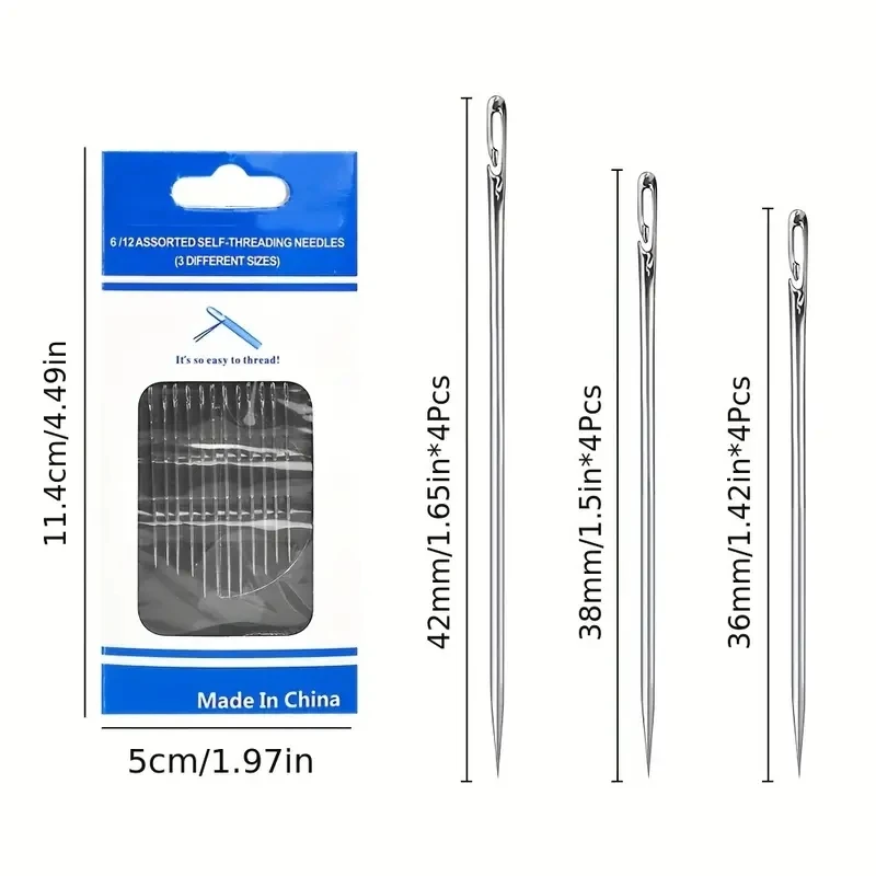 Sliver Blind Sewing Needles Stainless Steel Side Hole Elderly Self Threading Needle Stitching Pin DIY Sewing Beading Tools 3Size