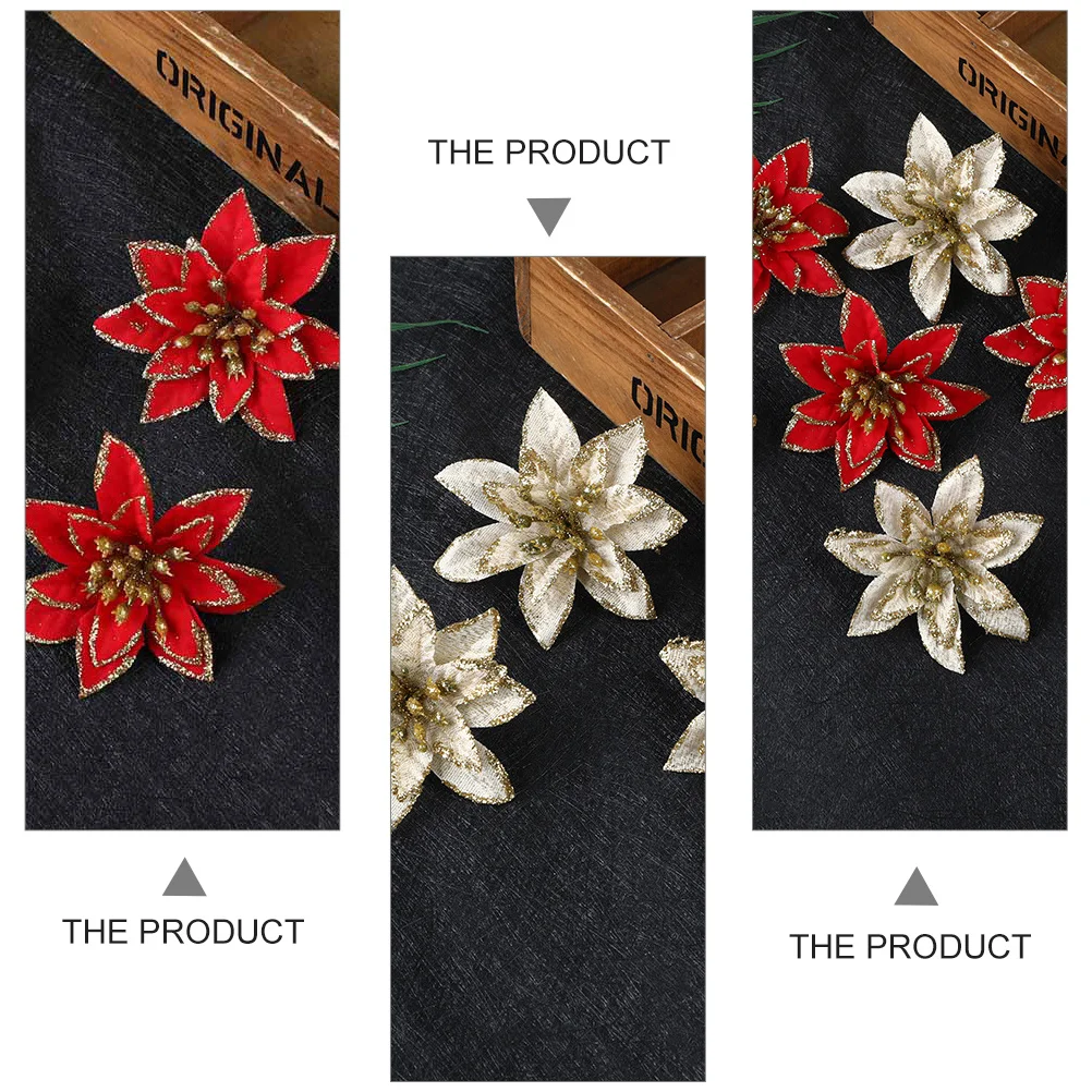 

24Pcs Christmas Glitter Flower Decorations 8Cm Diameter Artificial Silk Flowers Ornaments Reusable for Tree Wreath Party Wedding