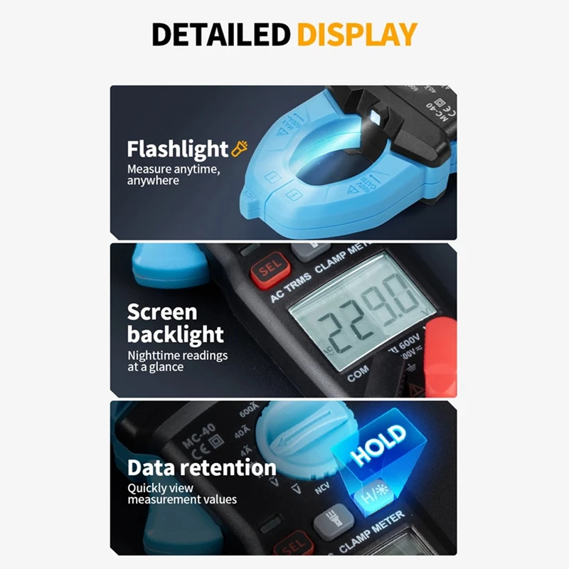 HLZS-MC-40 Клещи Цифровой мультиметр Напряжение переменного и постоянного тока 600 В переменного тока 600 А Диод NCV Ом Тест 6000 отсчетов True RMS Автоматический диапазон