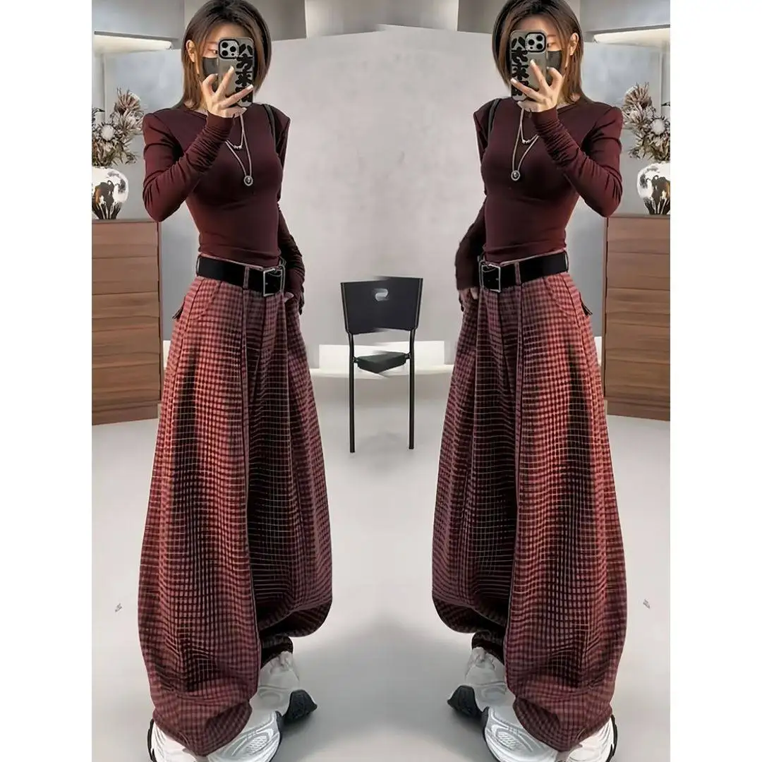 

Retro Fashion Set for Women's Spring and Autumn Brushed Slim Fit Top+plaid Casual Pants Two-piece Set