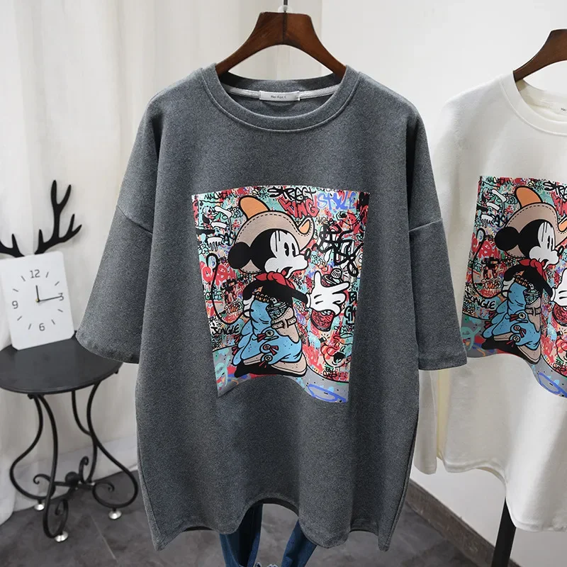 2023 New Mickey Mouse Short-sleeved T-shirt Women Korean Version Thickened Mid-length Streetwear Mickey Mouse Y2k Clothes Tops