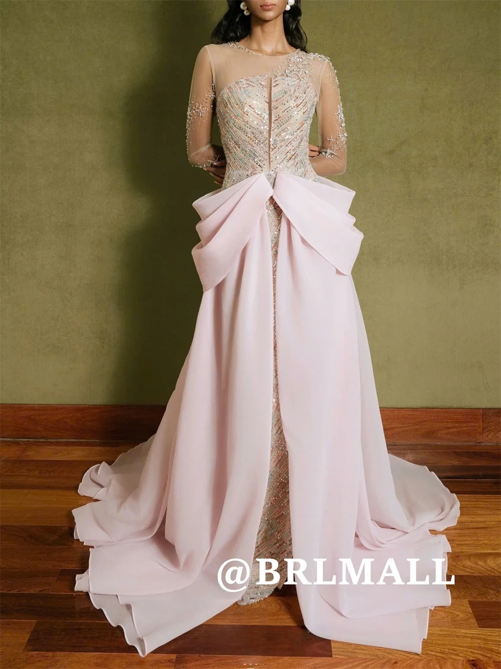 

BRLMALL Full Sleeves Long Evening Dress for Women Sequins Organza Party Prom Gown Customized Formal Occasion Dresses