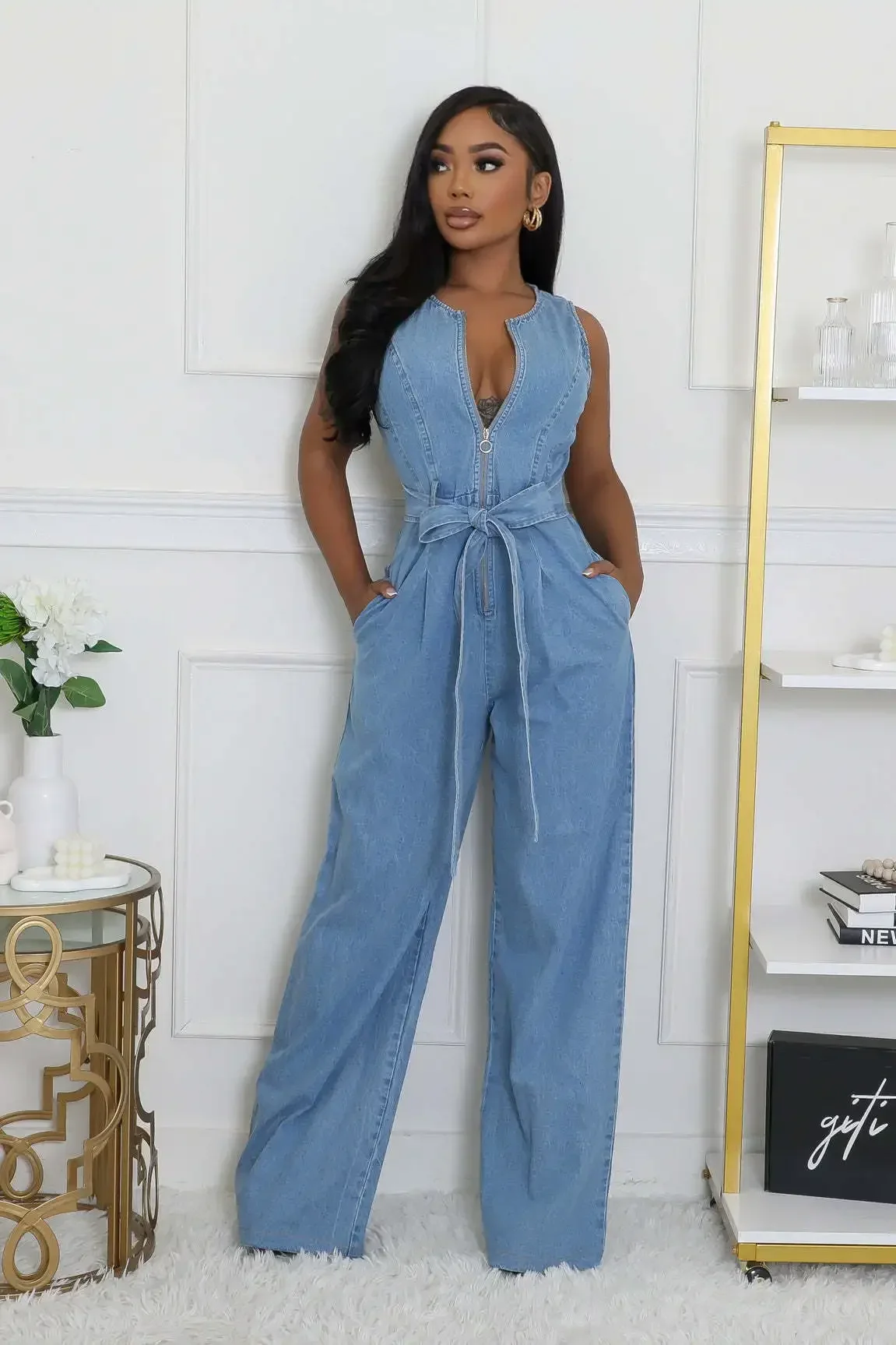 Fashion Women Denim Sleeveless Zipper Fly with Belt Side Leg Jeans Jumpsuit Streetwear Sexy One Piece Suit INS Playsuits