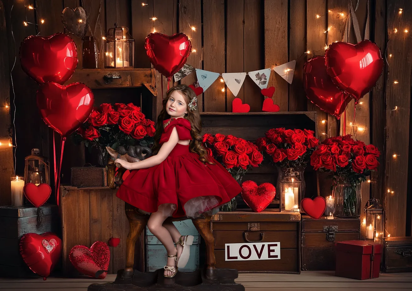 Valentine's Day Romantic Red Roses Hearts Wooden Shelves LOVE Vintage Heart Shaped Garland Arch Baby Backdrop Photography Studio